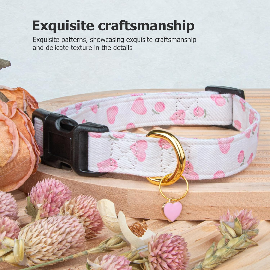 Dog Collar White and Pink Heart Pendant - Adjustable, Cute Pet Necklace