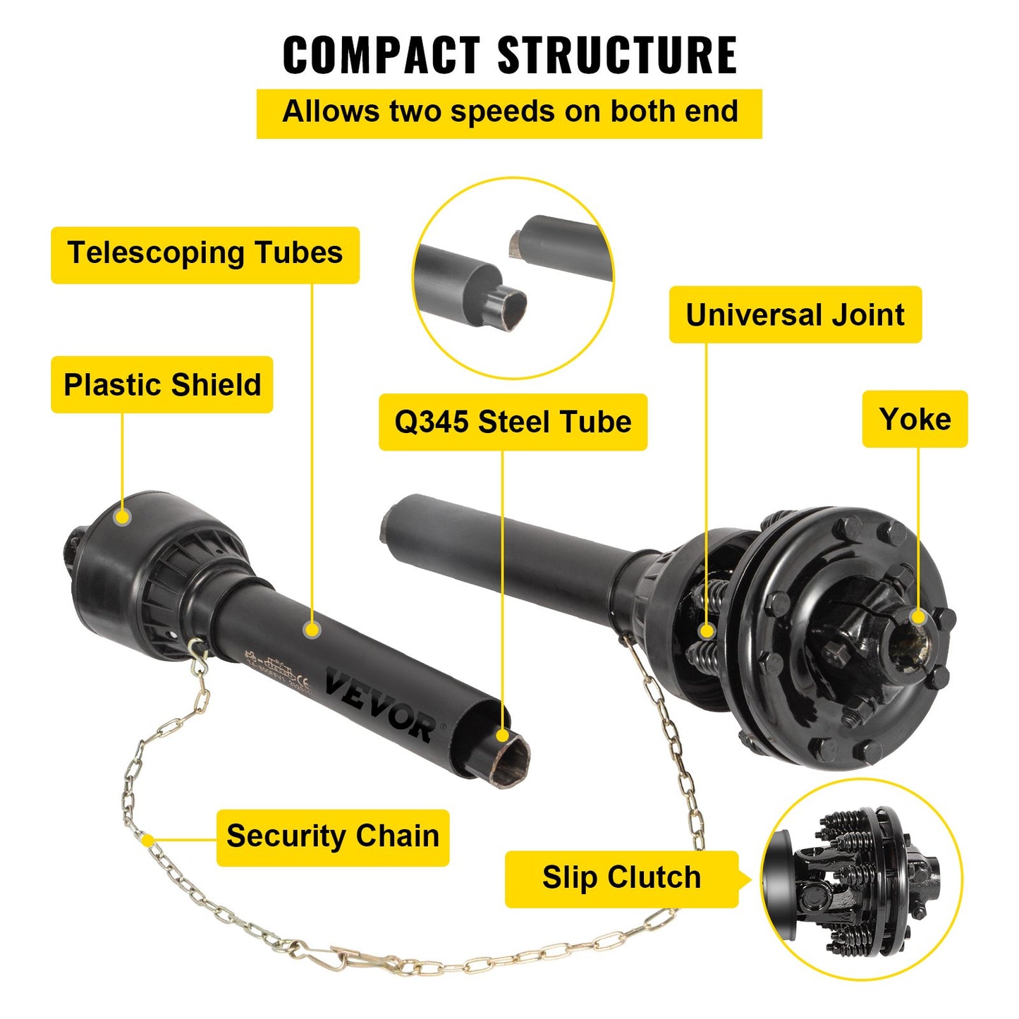 Garden PTO Drive Shaft 1-3/8" 6 Spline, Adjustable Length 43-57" for Tractor, Brush Hog, Finish Mower - Black