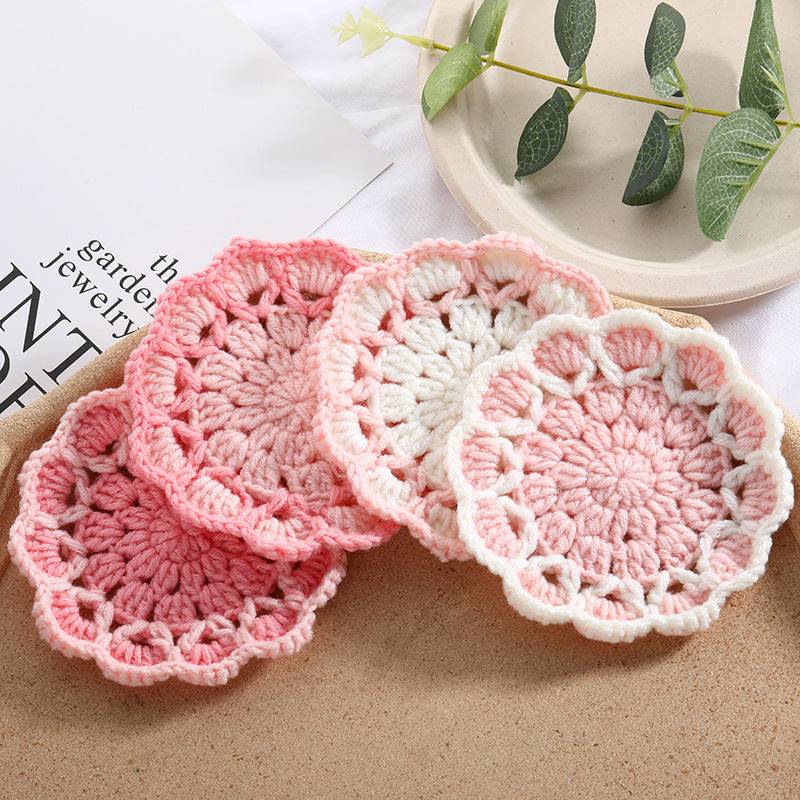 Cute Floral Knitted Coaster Set - Wool Woven Flower Home Decor
