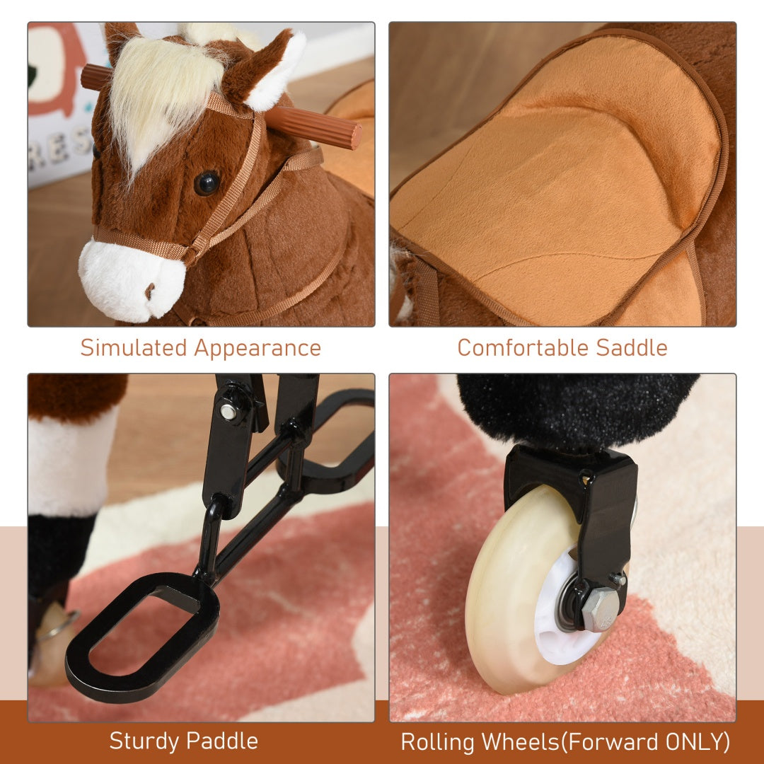 Kids Ride-On Walking Horse with Soft Plush Body - Brown
