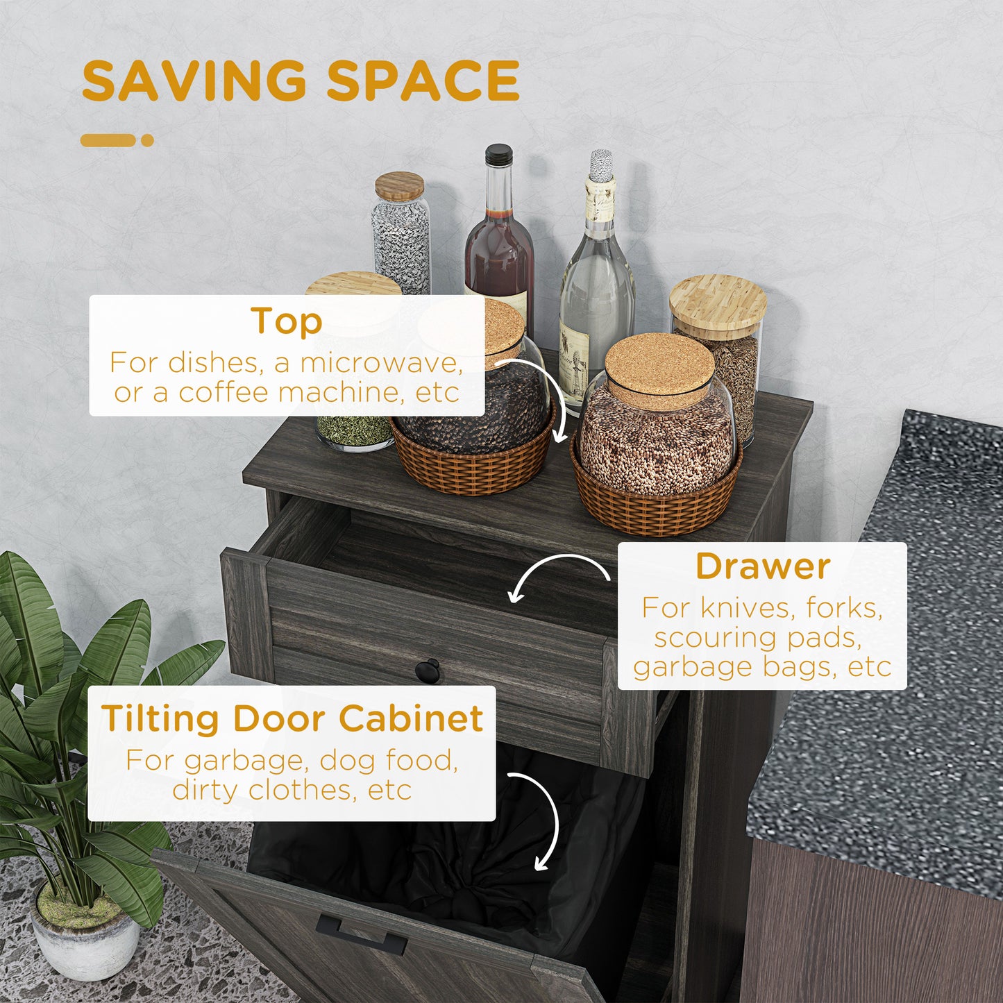 Tilt-Out Trash Bin Cabinet with Drawer - Charcoal Gray Storage