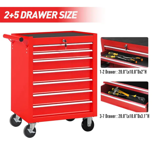 Rolling Tool Chest with 7 Drawers - Red Steel Tool Cart