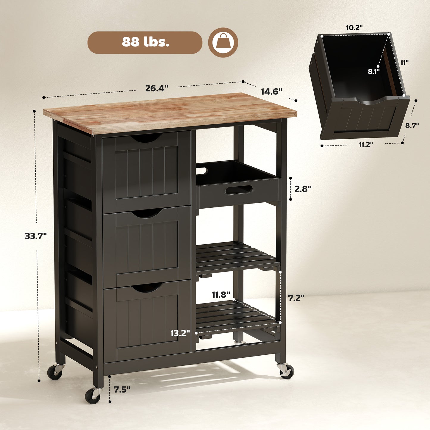 Rolling Kitchen Cart with Wood Top and Storage Shelves - Black