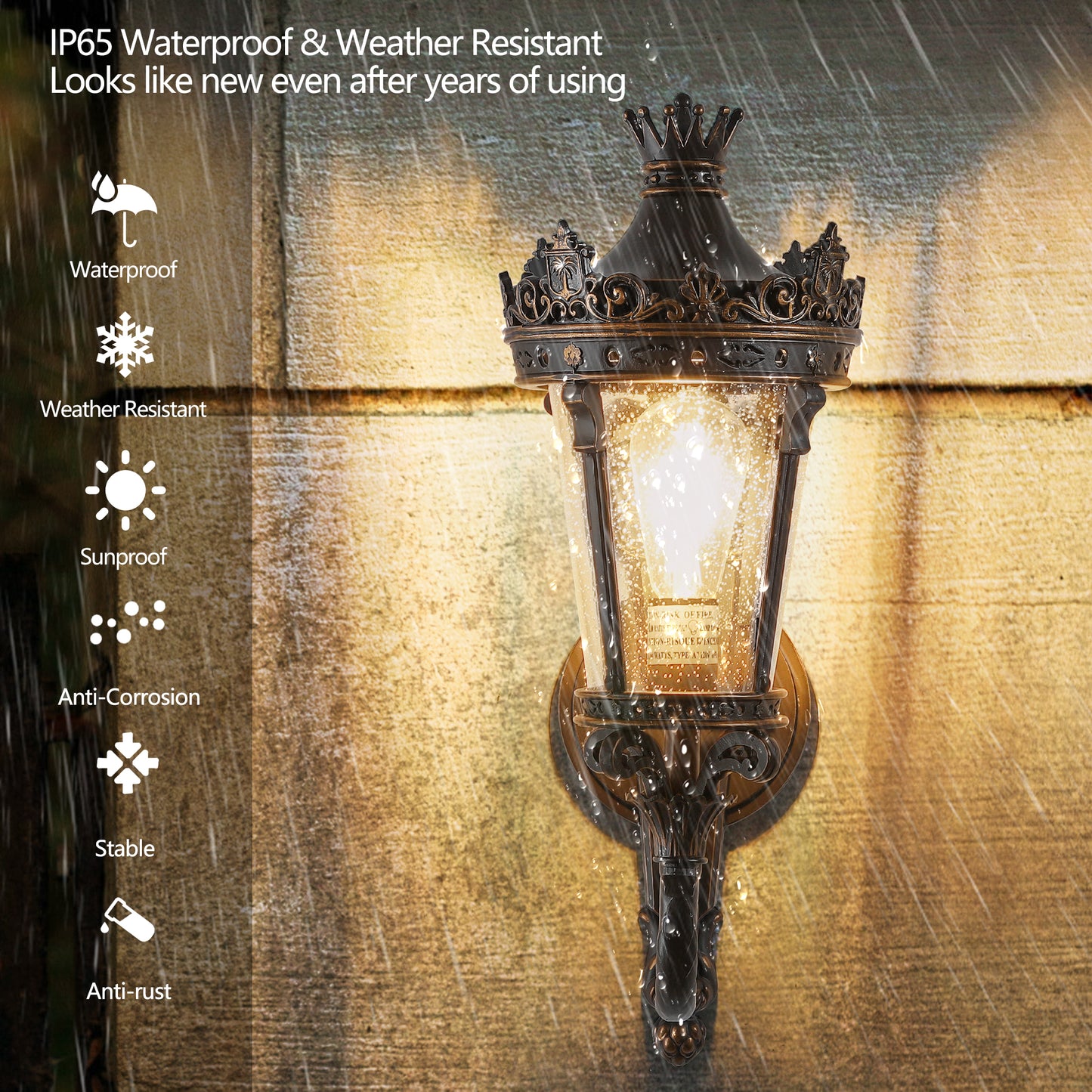 Vintage Outdoor Wall Lantern - Waterproof Exterior Sconce with Glass & Crown Top