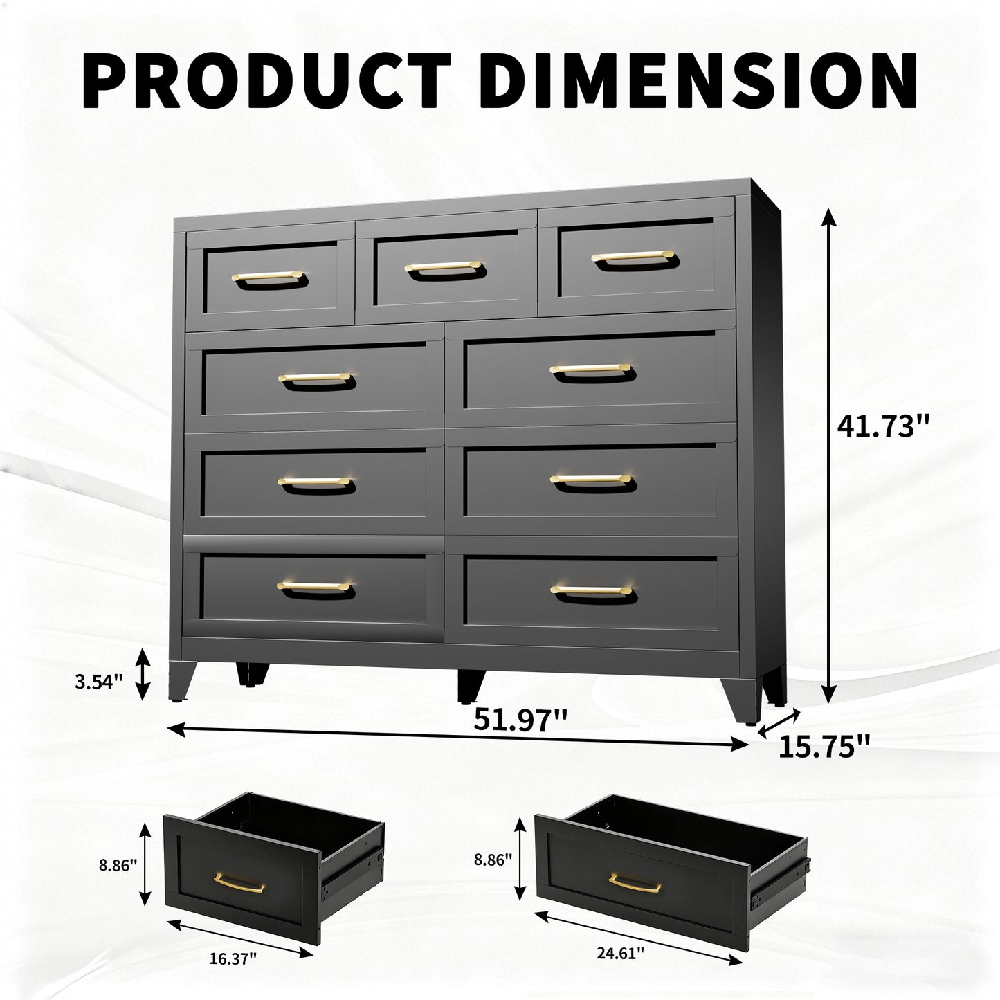 9-Drawer Tall Dresser - Black Metal Storage Cabinet with Smooth Drawers