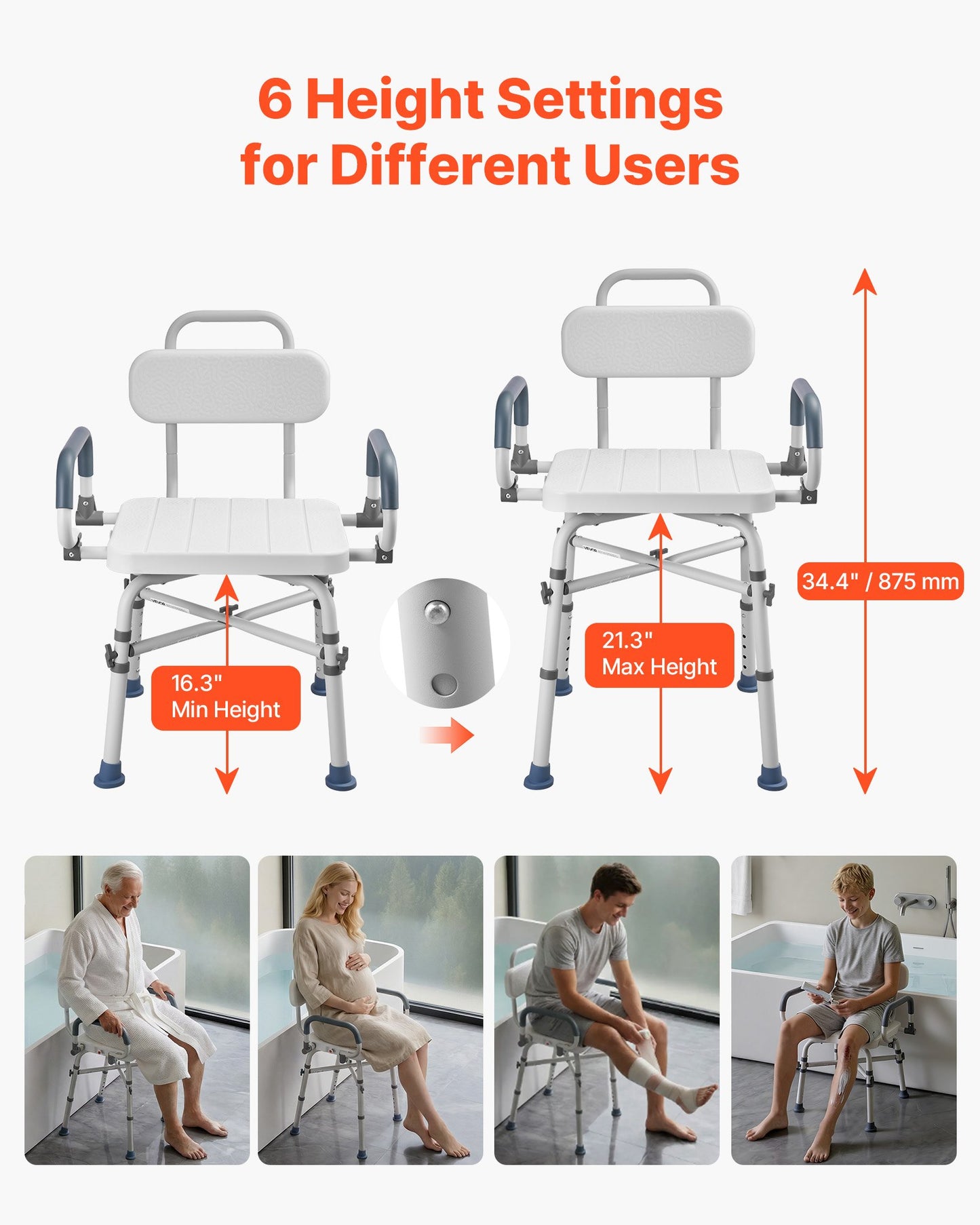 Heavy Duty Swivel Shower Chair with Arms & Back - 500 Lbs Capacity, Adjustable Bath Seat for Adults & Seniors