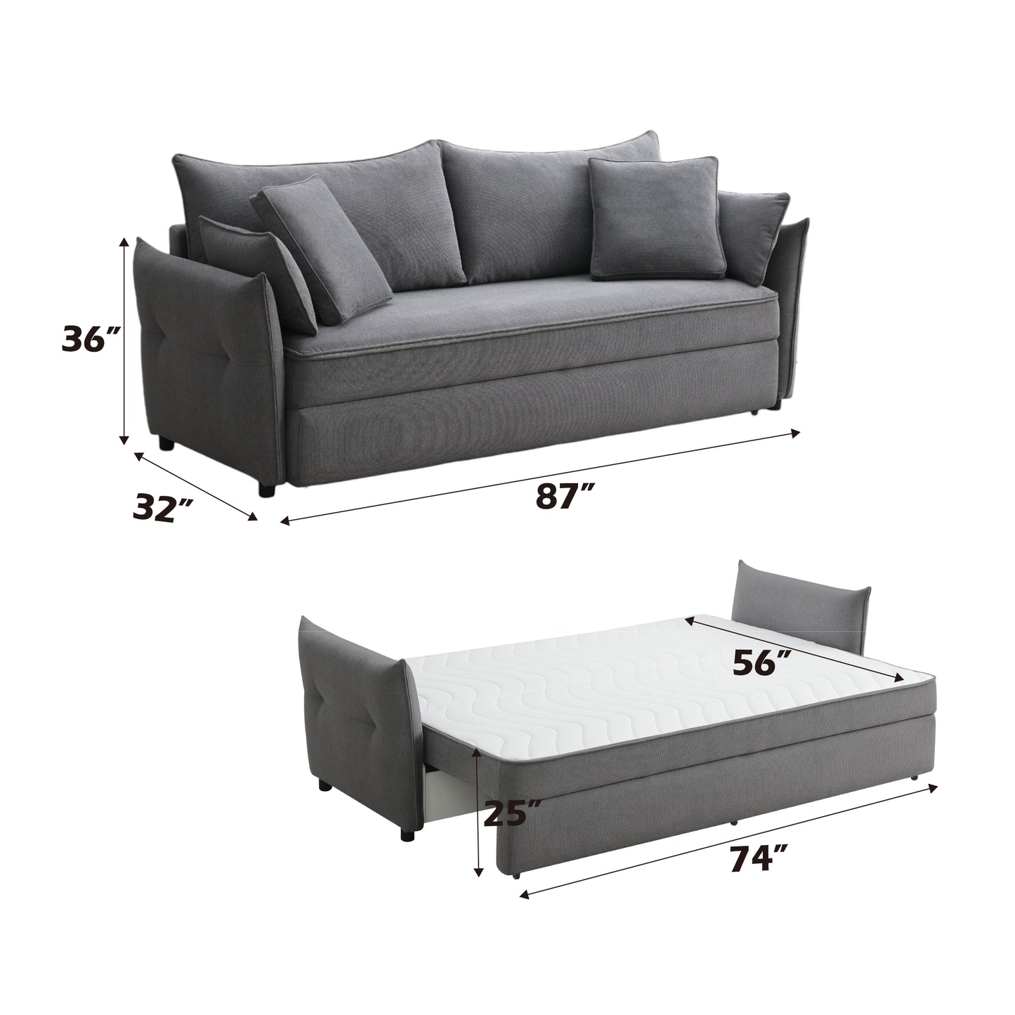 Irina Pull-Out Fabric Sofa Bed with Storage - Gray