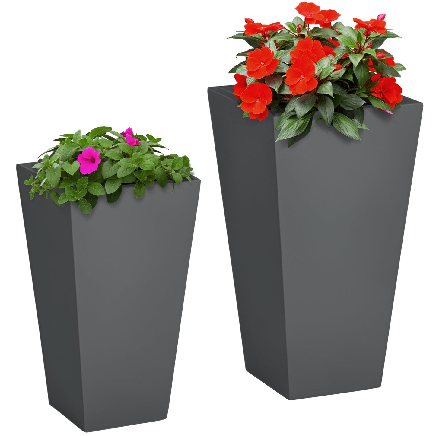 Outdoor Planting Pots Set of 2 Large Stackable Flower Planters with Drainage - Gray