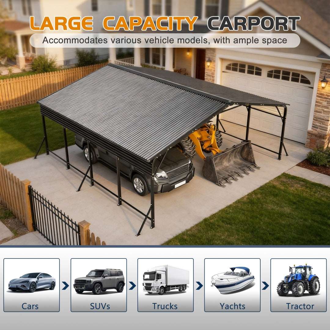 Heavy Duty Galvanized Steel Carport Canopy with Waterproof Roof - Large Capacity Shelter