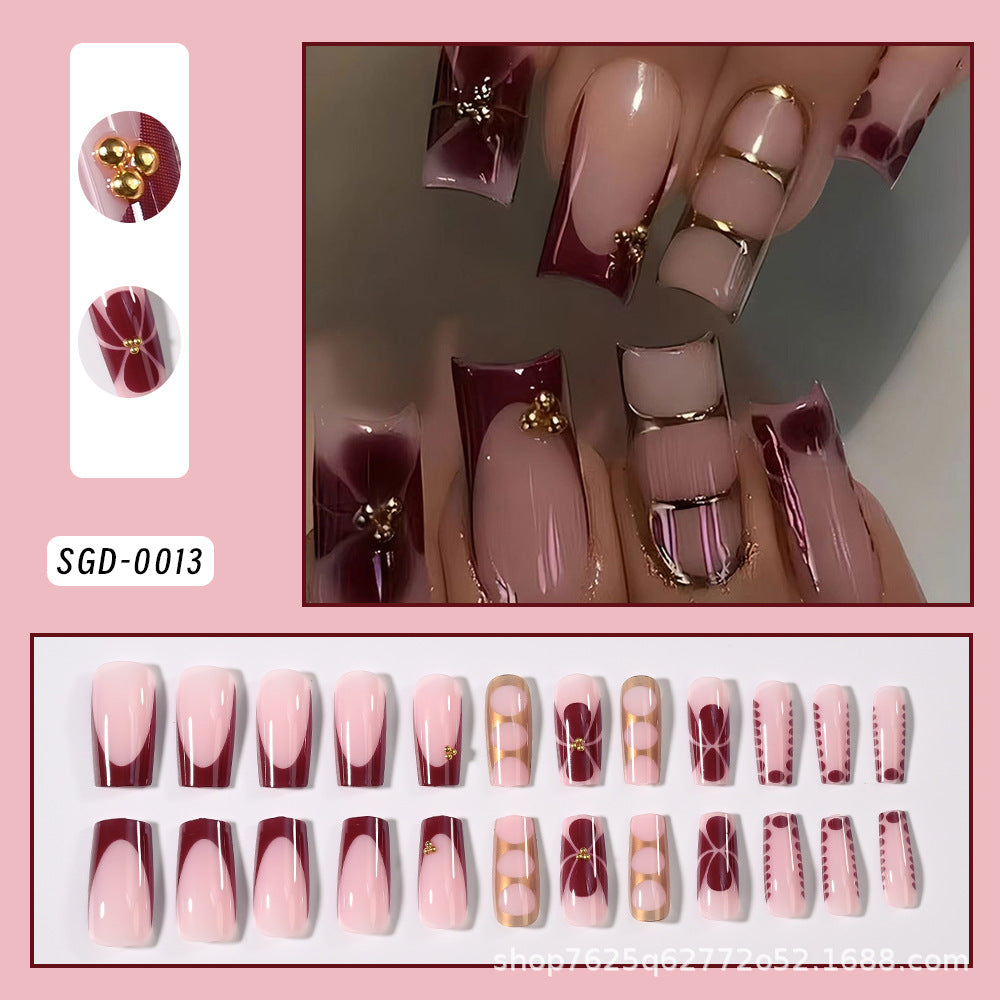 Printed Golden Square Press-On Nails with Floral Design - 24pcs