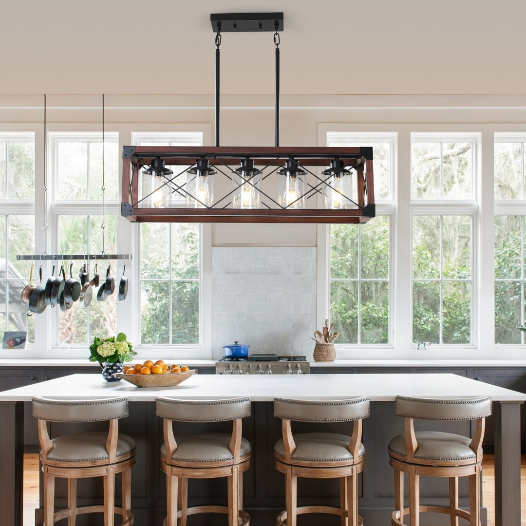 32-Inch Red Industrial Farmhouse Pendant Light - 5-Light Chandelier