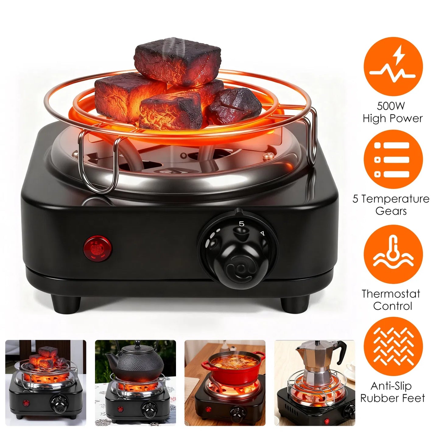 500W Charcoal Burner with Thermostat Control & Tongs - Black