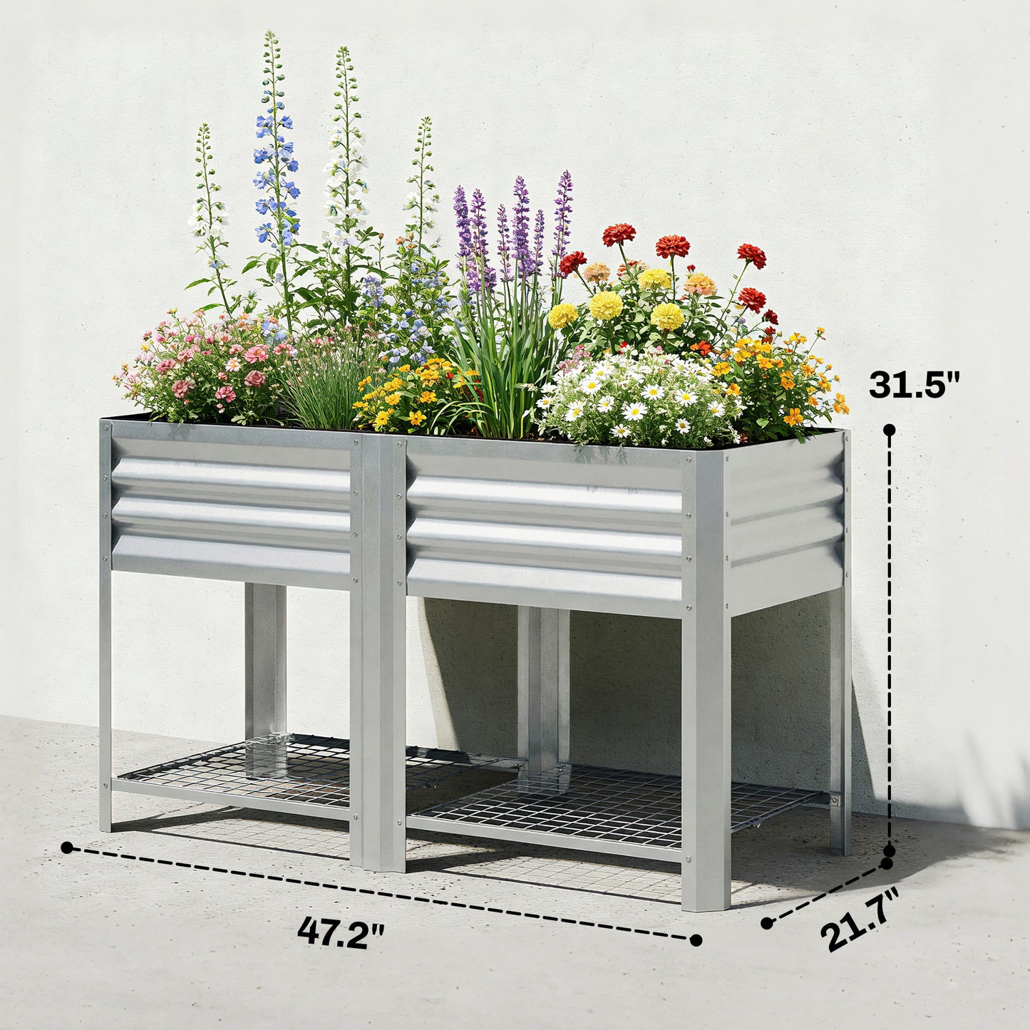 Galvanized Steel Raised Garden Bed with Storage Shelf - 31.5 Inch Height, Silver