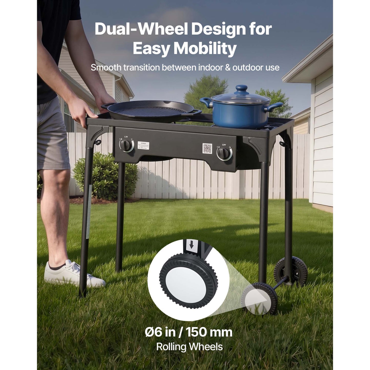 Outdoor Propane Gas Stove 2 Burners 150,000 BTU Camping BBQ Cooker with Wheels & Regulator