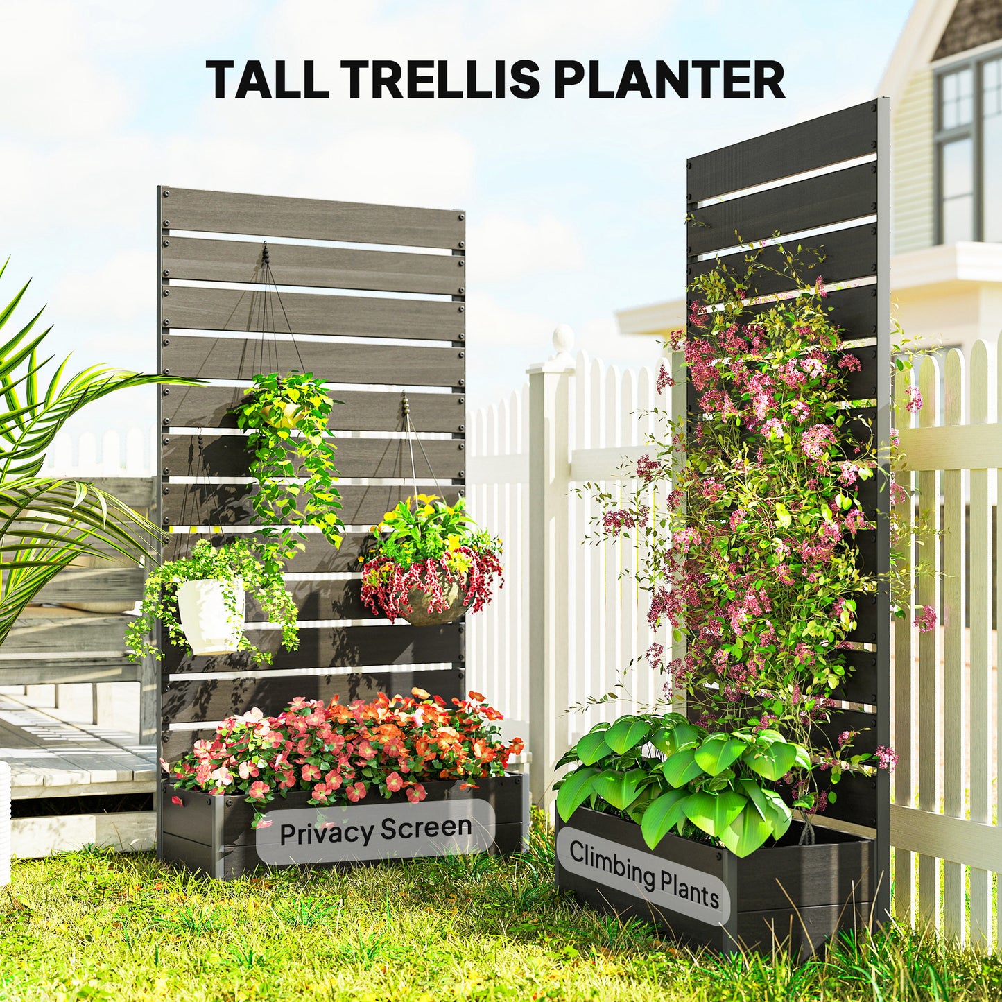Raised Garden Bed with Trellis for Climbing Plants Outdoor Planter Box Black