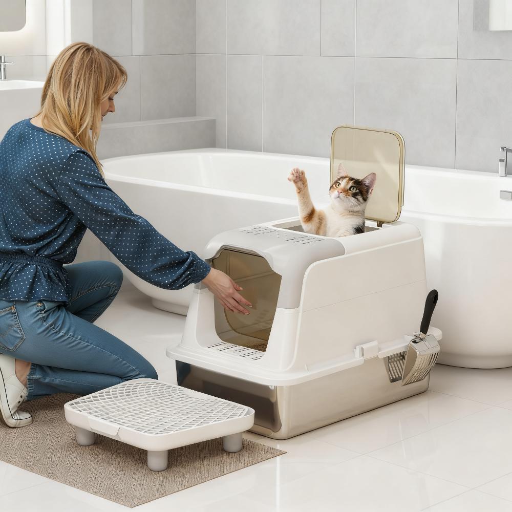 Enclosed Cat Litter Box with Scoop and Deodorizer - Gray/White