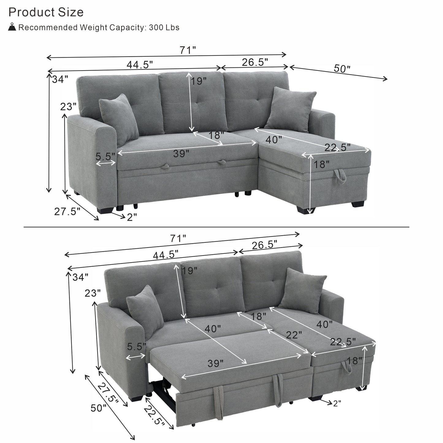 Light Gray Sectional Sofa Bed with Reversible Chaise & Storage