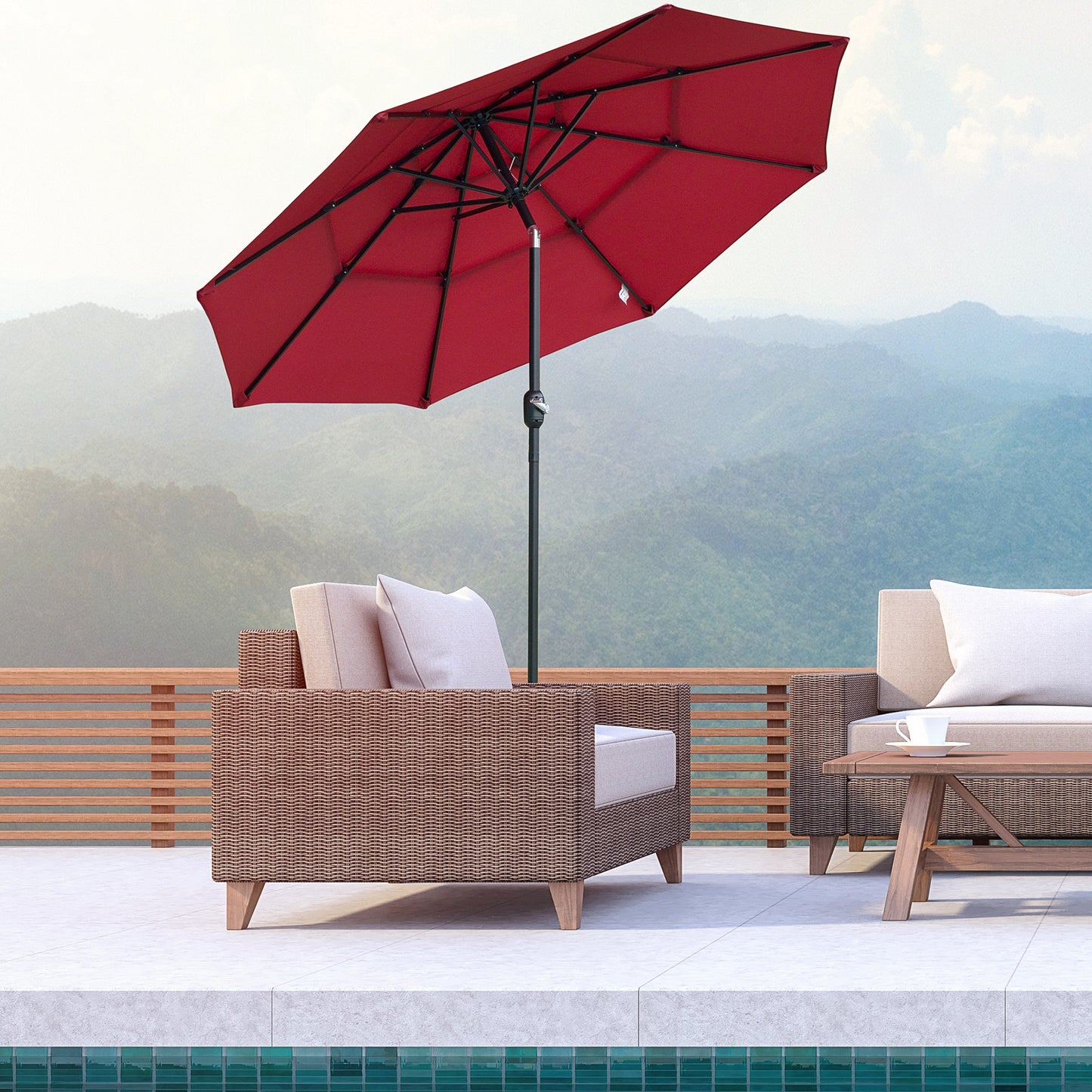 9FT Outdoor Market Umbrella with Crank & Tilt - Wine Red