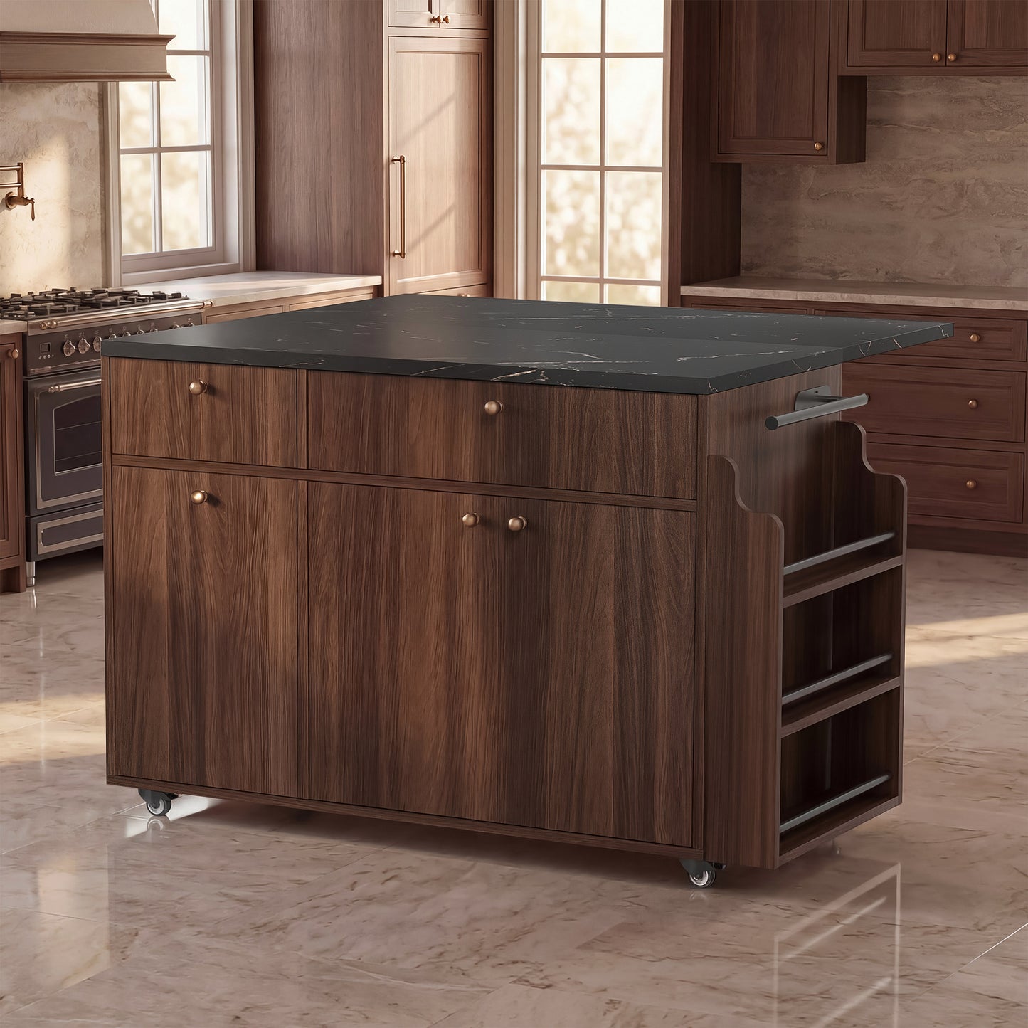 Rolling Kitchen Island Cart with Drop Leaf - Walnut Finish
