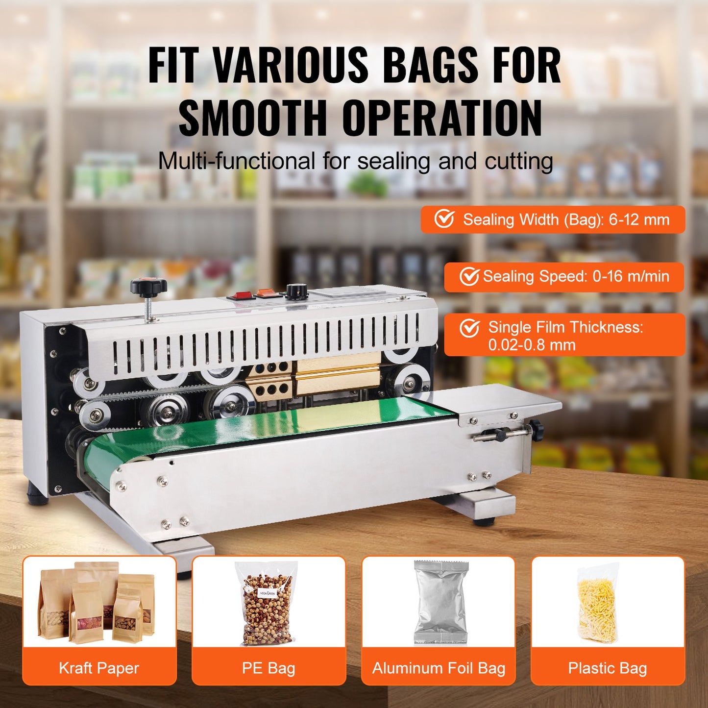 Continuous Band Sealer - Horizontal Stainless Steel Bag Sealing Machine 600W