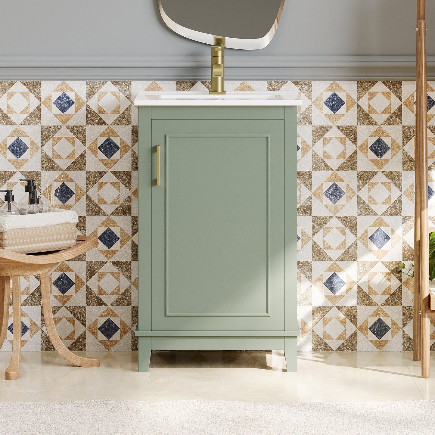 20 Inch Modern Green Bathroom Vanity Cabinet with Ceramic Basin