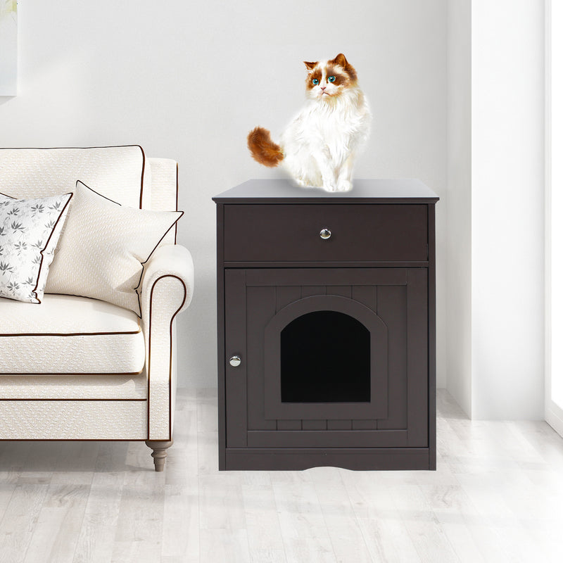 Black Wooden Cat Litter Box Enclosure with Drawer & Side Table - Indoor Pet Nightstand