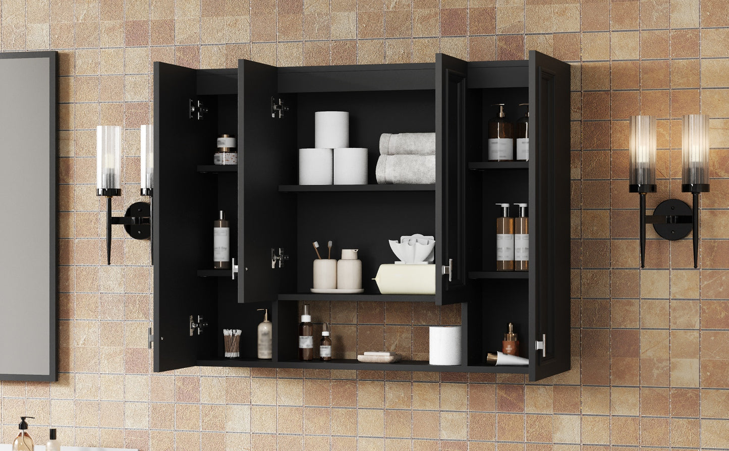 Modern Wall-Mounted Bathroom Cabinet with 5 Adjustable Shelves - Black
