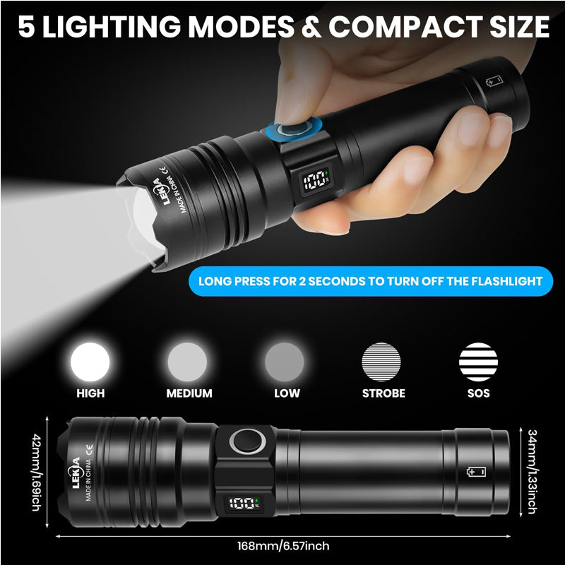Rechargeable 50,000 Lumens LED Flashlight with Zoom, USB-C Charging & Emergency Power