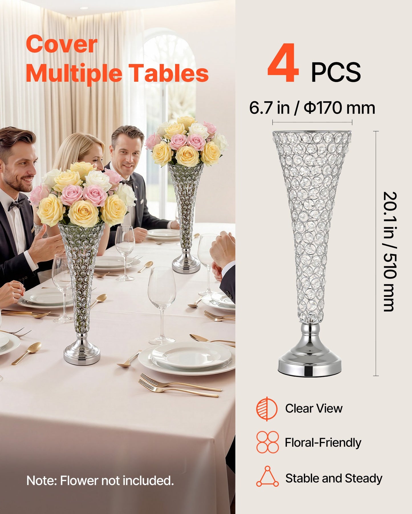 4 Pack Tall Crystal Vase Centerpieces for Weddings & Events - Silver