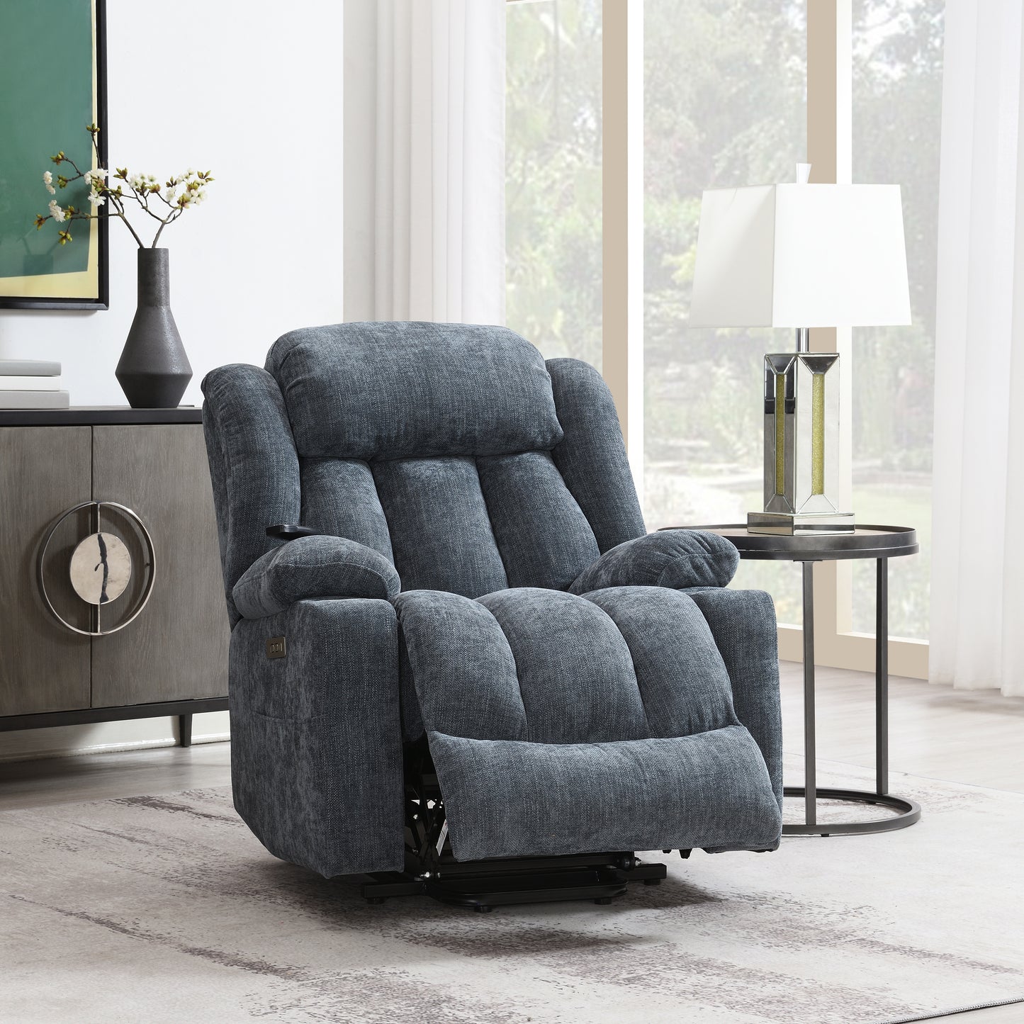 Blue Chenille Power Motion Recliner with Lift, Heating & Massage