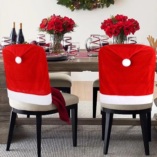 4-Pack Red Christmas Chair Covers - Santa Hat Slipcovers