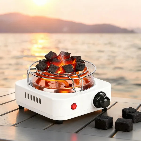 500W Charcoal Burner with Thermostat Control & Tongs - Black