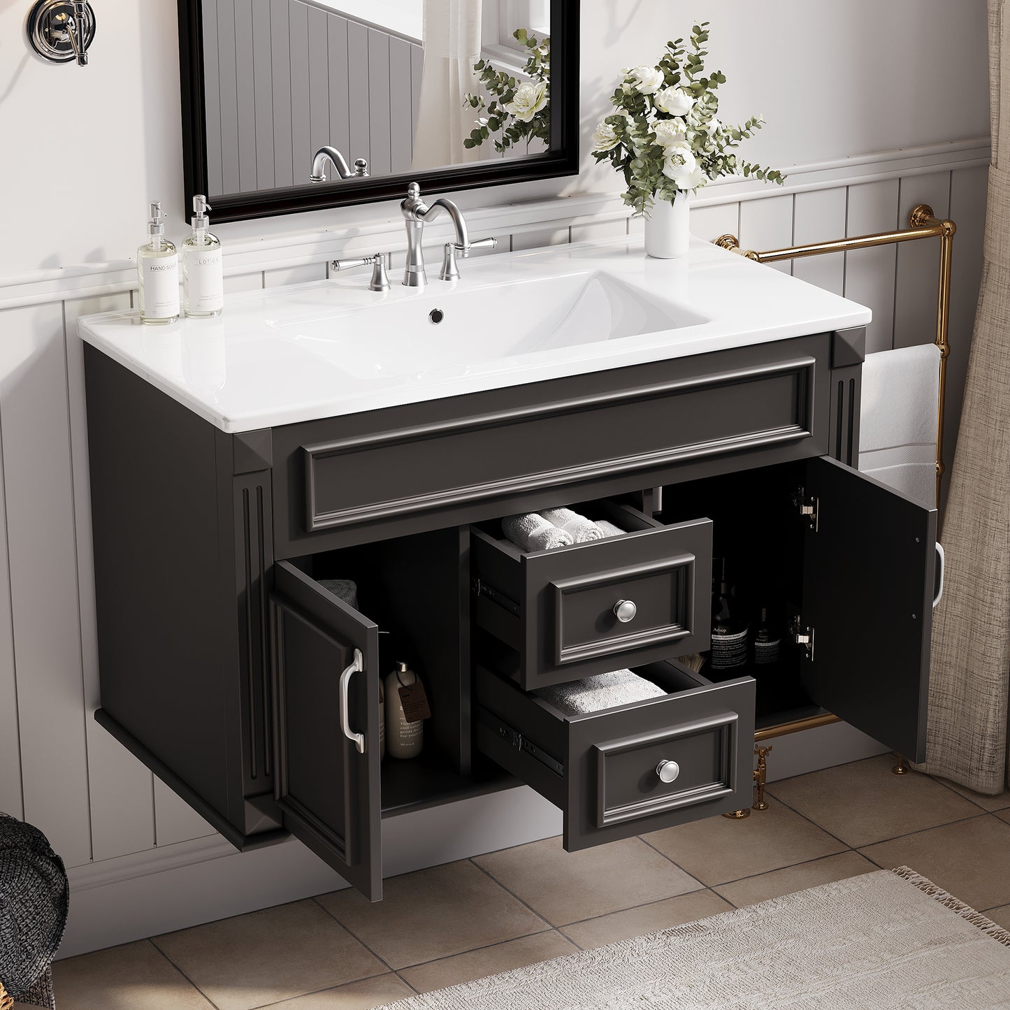 36-Inch Wall-Mounted Bathroom Vanity with Ceramic Sink - Black