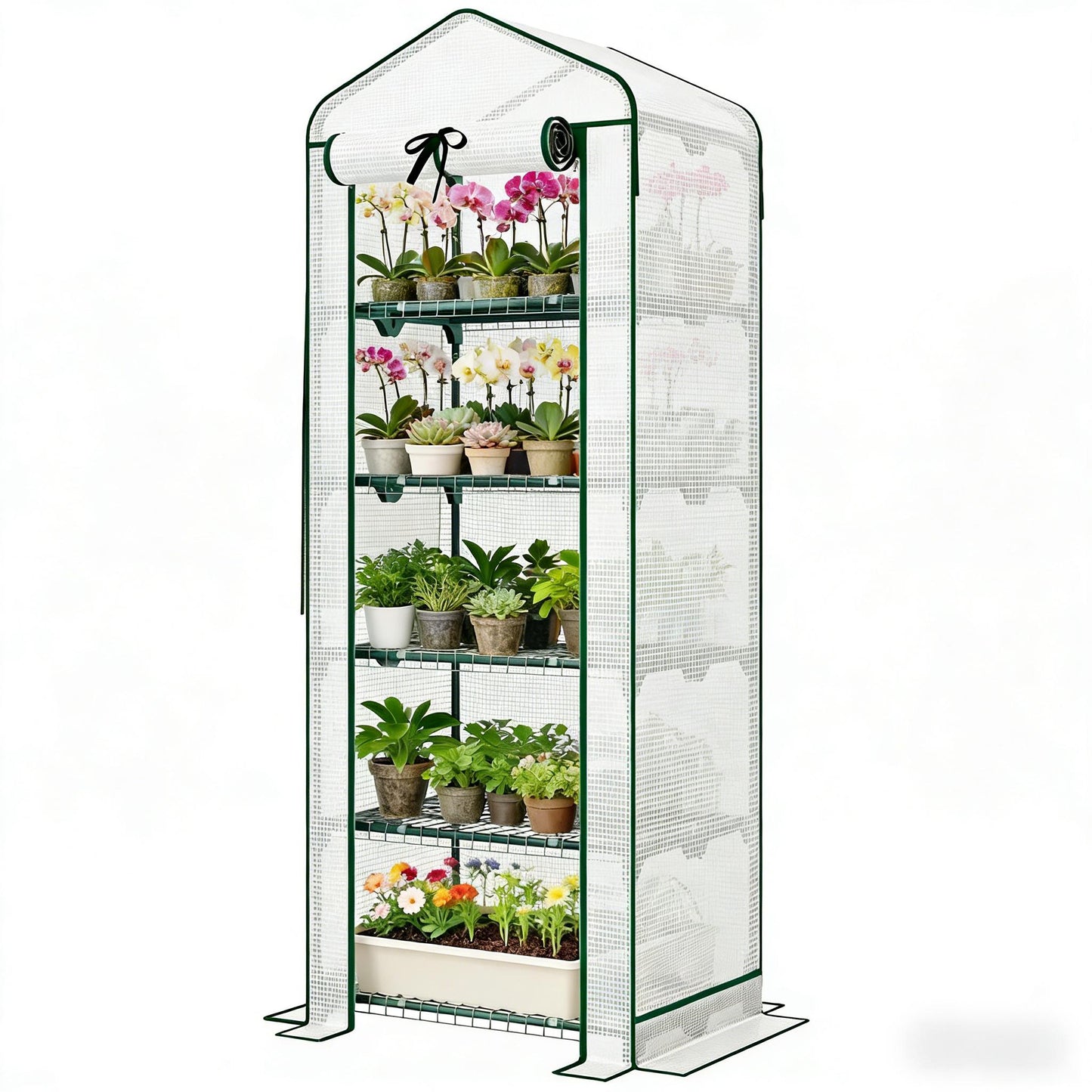 Portable Mini Greenhouse with Five-Tier Plant Shelf - Dark Green & White