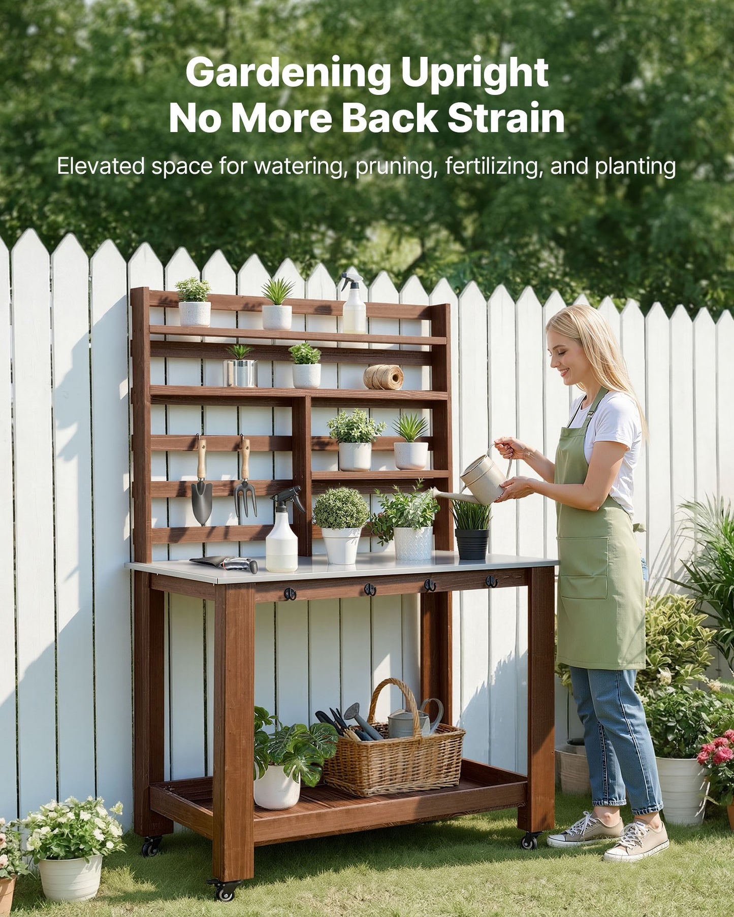 Black Potting Bench Table with Stainless Steel Top and Storage Shelves - Outdoor Garden Workstation