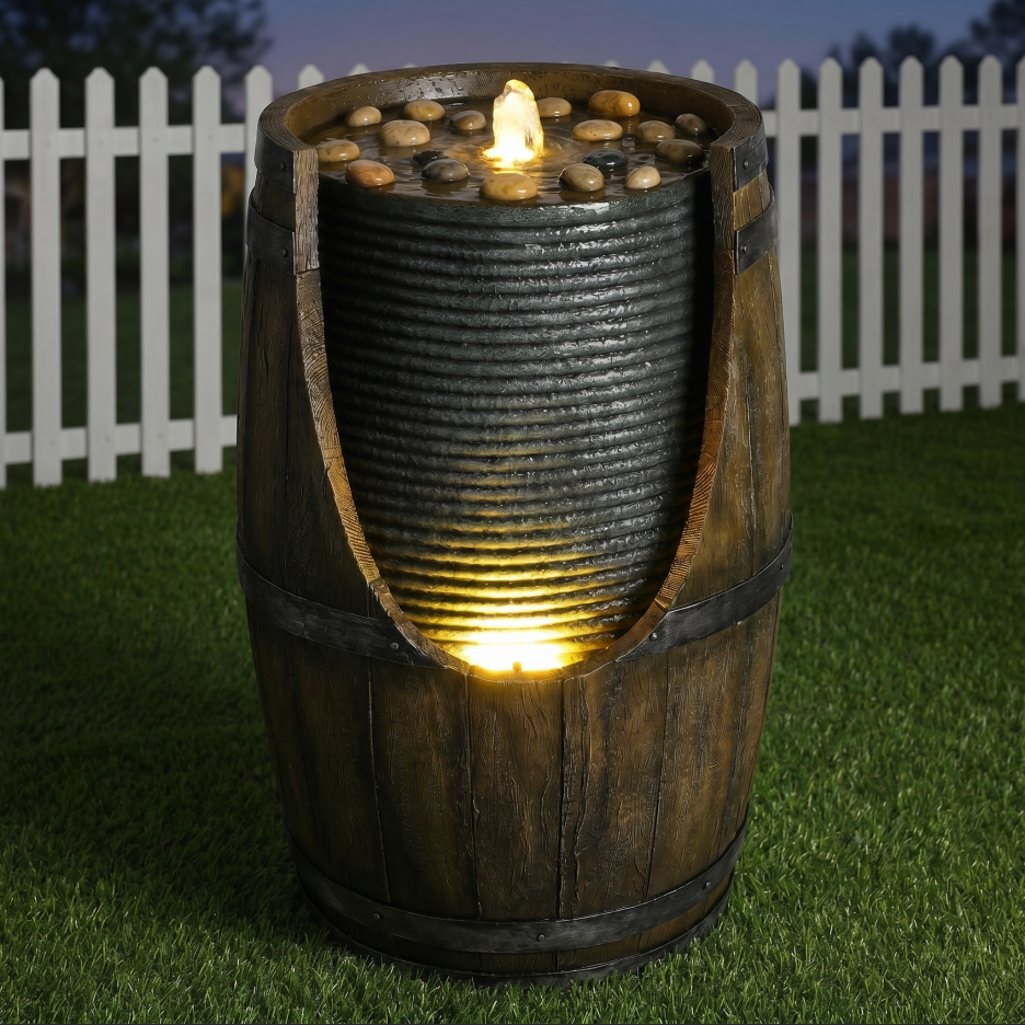 Outdoor Water Fountain with Bird Waterer - Rustic Barrel Garden Feature with LED Lights
