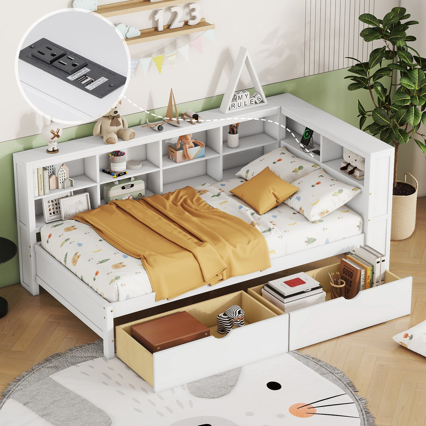 Wooden Twin Size Daybed with Storage Drawers & USB Ports - White