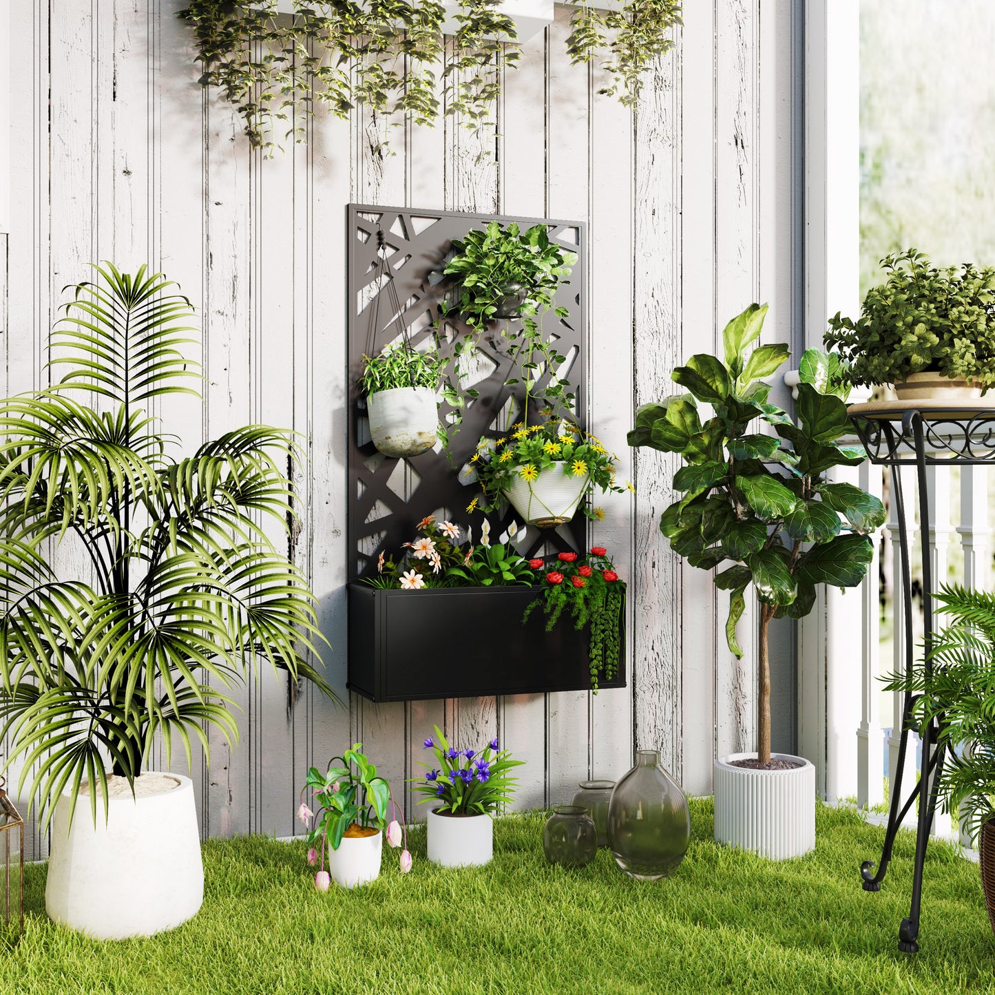 Metal Garden Planter Box with Privacy Screen - Wall-Mount or Freestanding, 24 x 9.1 x 44.5 inches