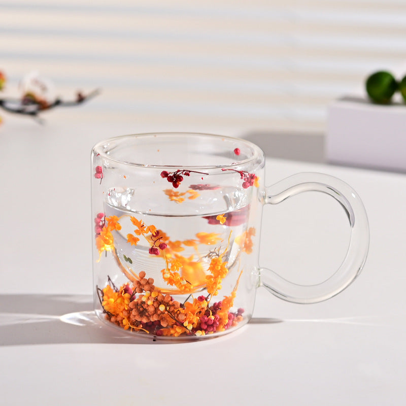 Double-Layer Borosilicate Glass Flower Pattern Cup - 200ml, High Temperature Resistant