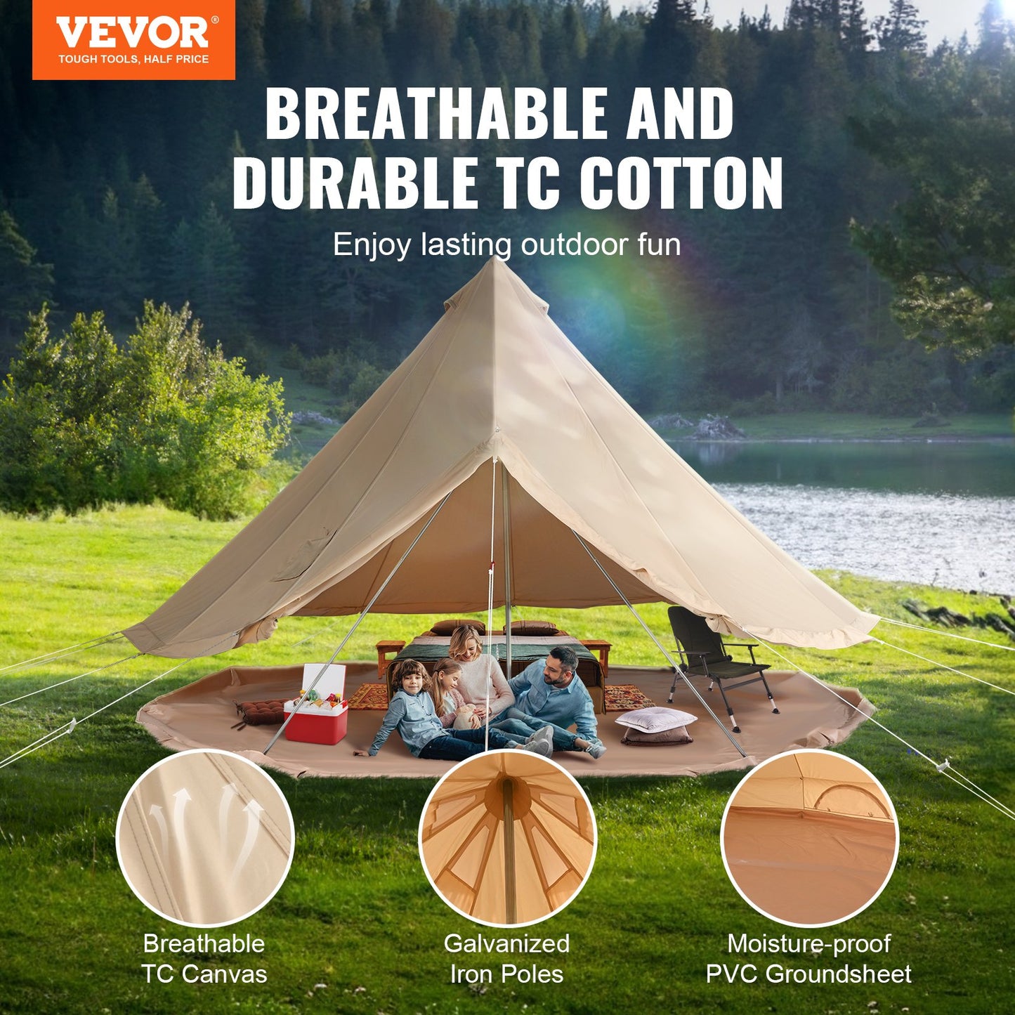 3-5 Person Canvas Bell Tent with Stove Jack - Waterproof Family Camping Shelter 10x10ft