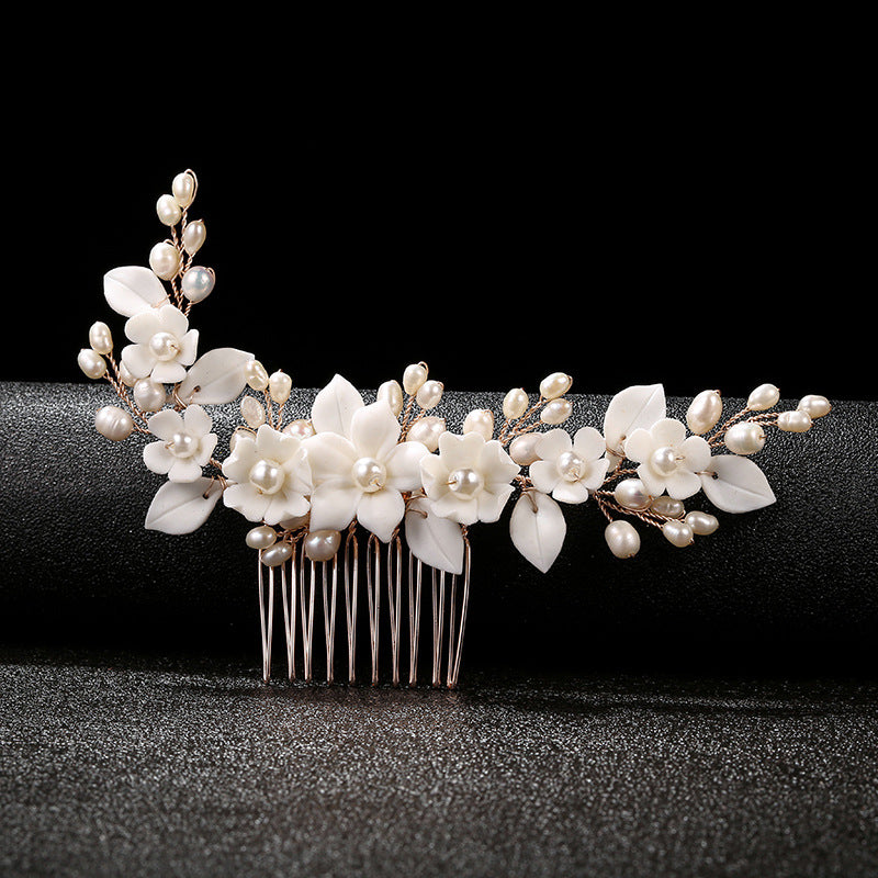 Ceramic Flower Bridal Hair Comb - Gold