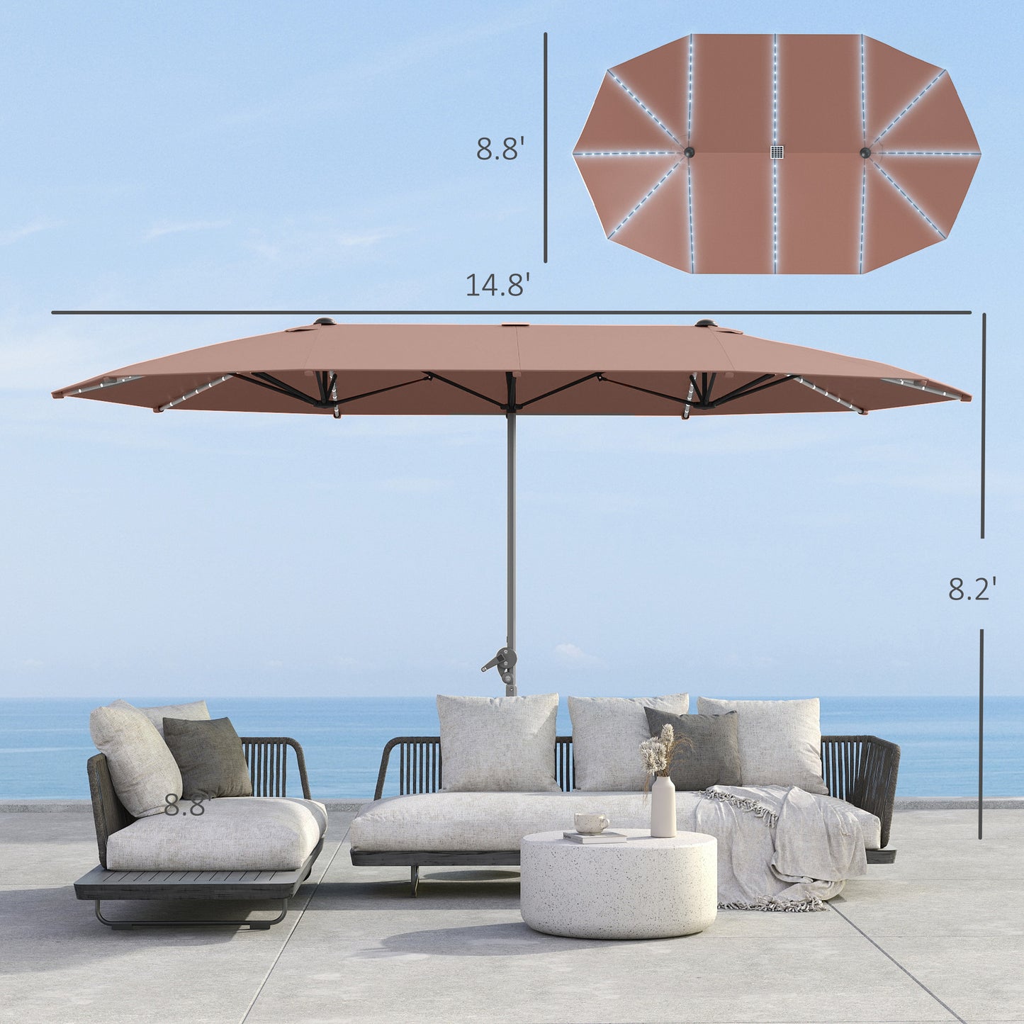 15ft Double-Sided Solar Patio Umbrella with Crank - Tan