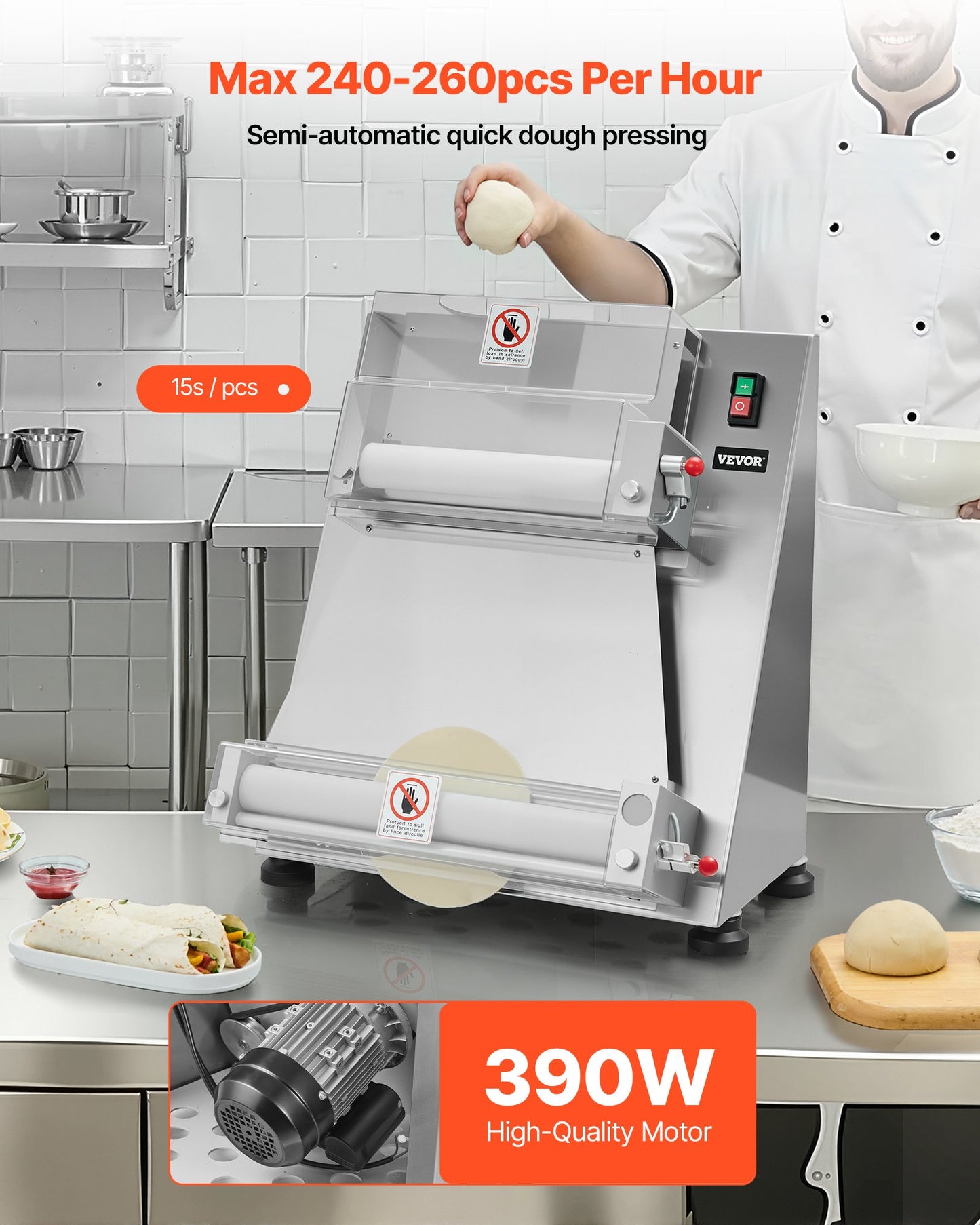16 Inch Commercial Pizza Dough Sheeter Semi-Automatic Dough Press 390W - Silver