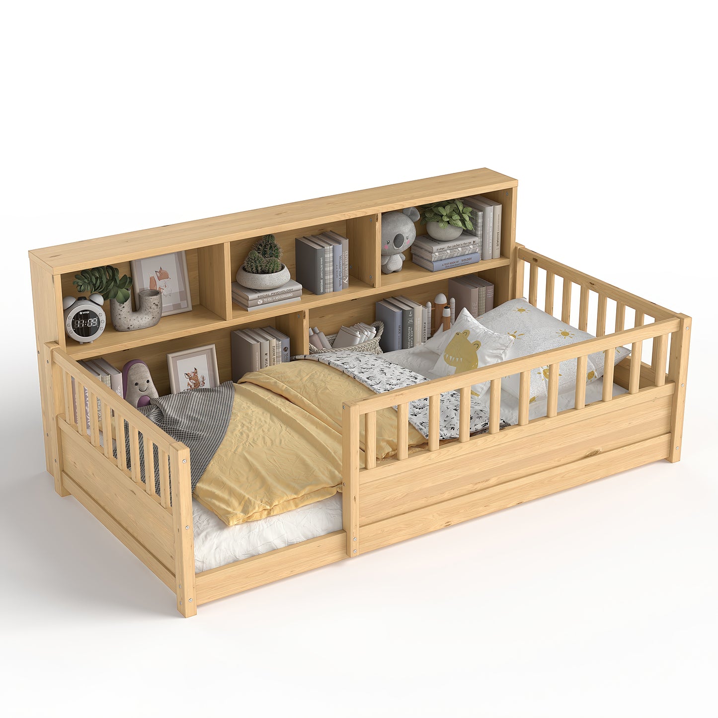 Twin-Sized Wooden Floor Bed with Fence Guardrail & Storage