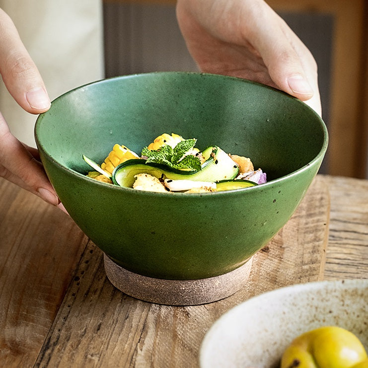 Stoneware High Leg Ceramic Ramen Bowl with Bamboo Pattern, 6.5 Inch Diameter