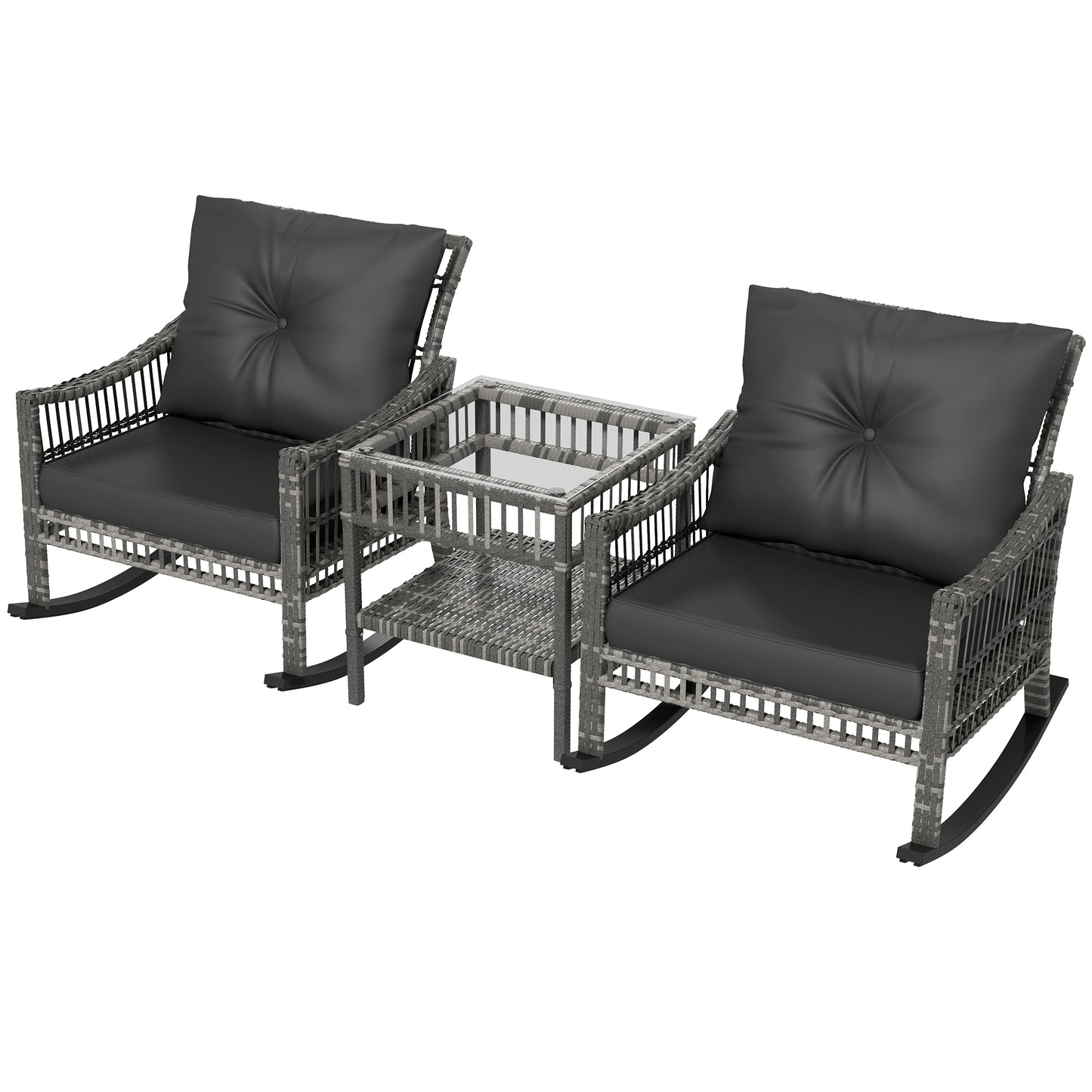 3-Piece Outdoor Rattan Rocker Chair Set with Glass Table - Gray