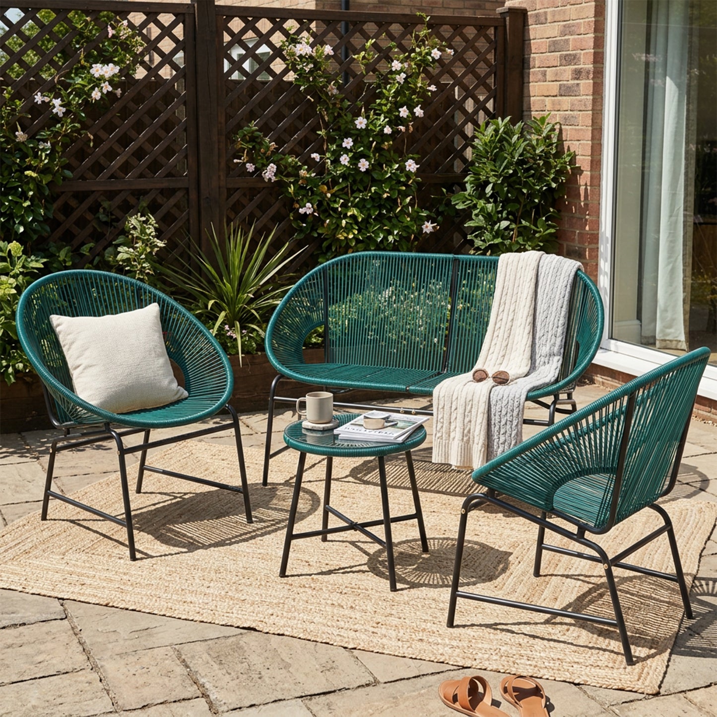 NUSA OUTDOOR PATIO WICKER 3-PCS CHAT SET, TEAL PE RATTAN & IRON FRAME
