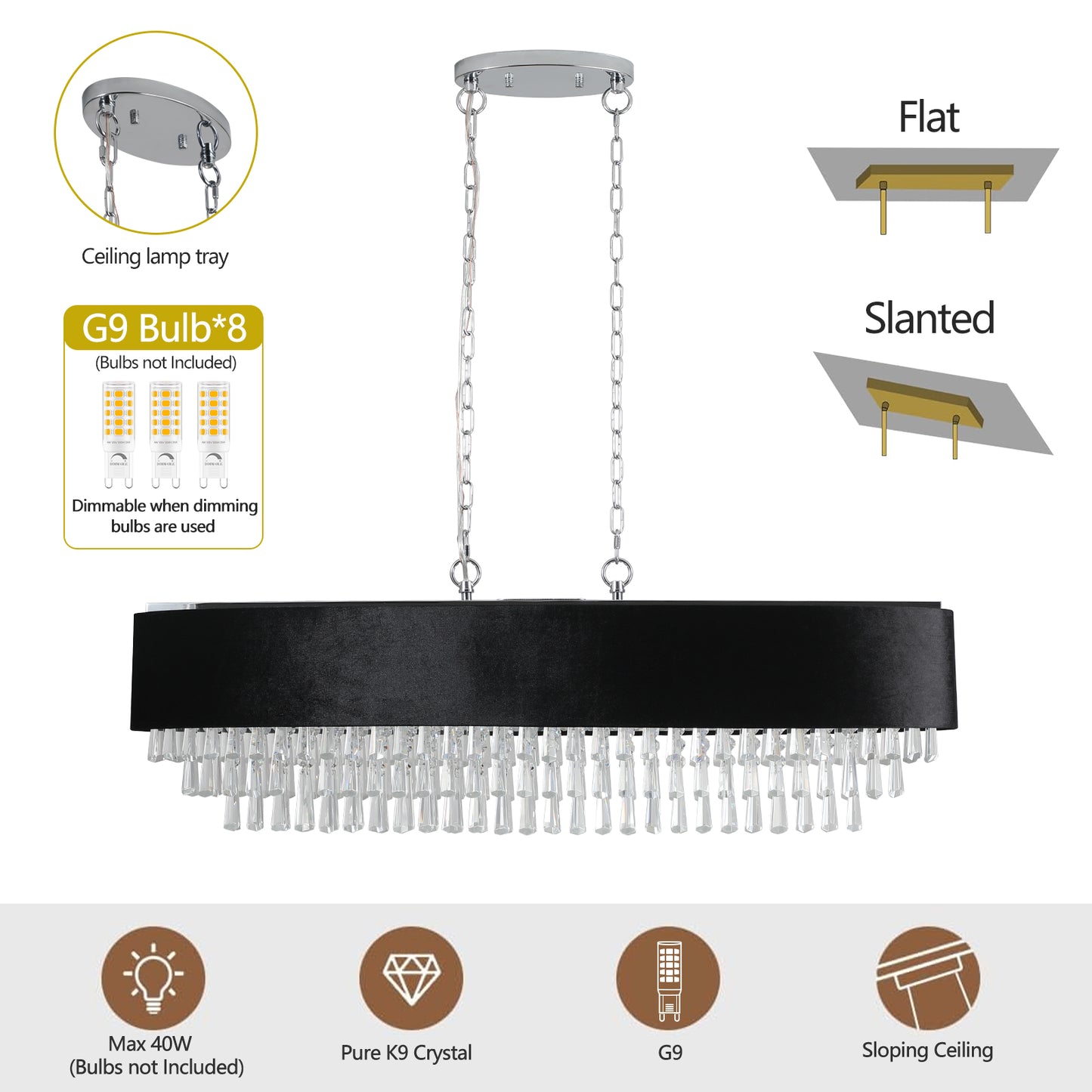 39in Crystal Chandelier with Adjustable Height, 8-Light G9 Base