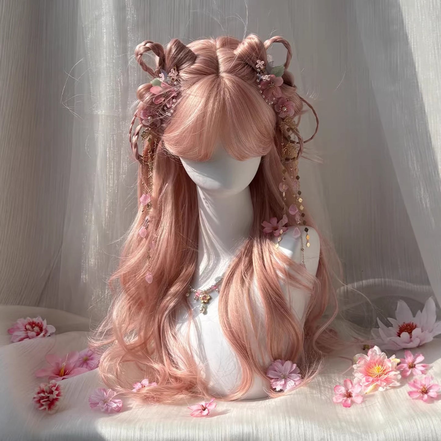 Women's Pink Gold Long Wavy Curly Wig with Wispy Bangs and Big Waves