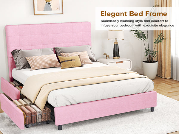 Full Bed Frame Upholstered Vertical Channel Headboard With 4 Storage